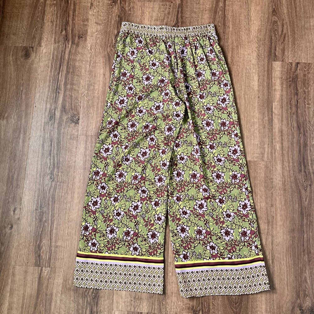 Cupcakes & Cashmere Green Purple Print Palazzo Wild Leg Pants Sz M - Picture 9 of 10